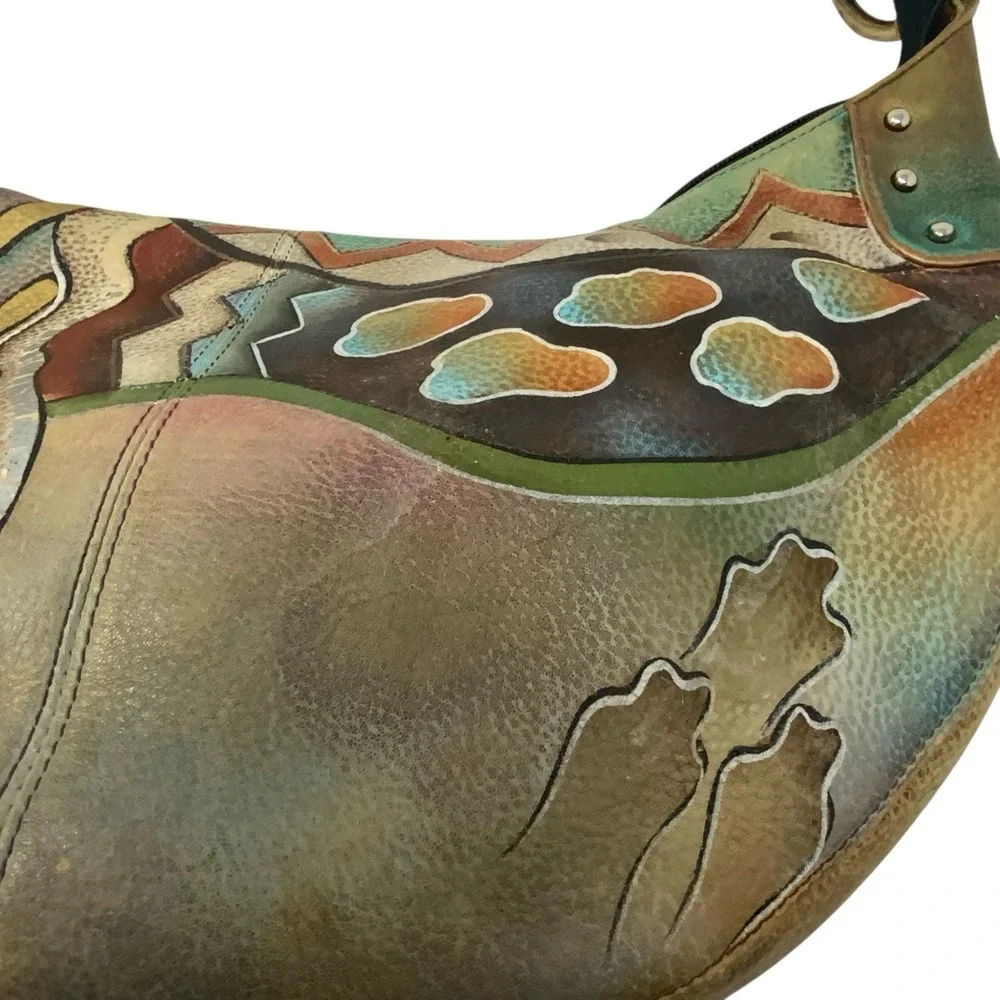 Anuschka Hand Painted Leather Hobo Purse‎ Shoulder Bag Whimsical Artsy Abstract